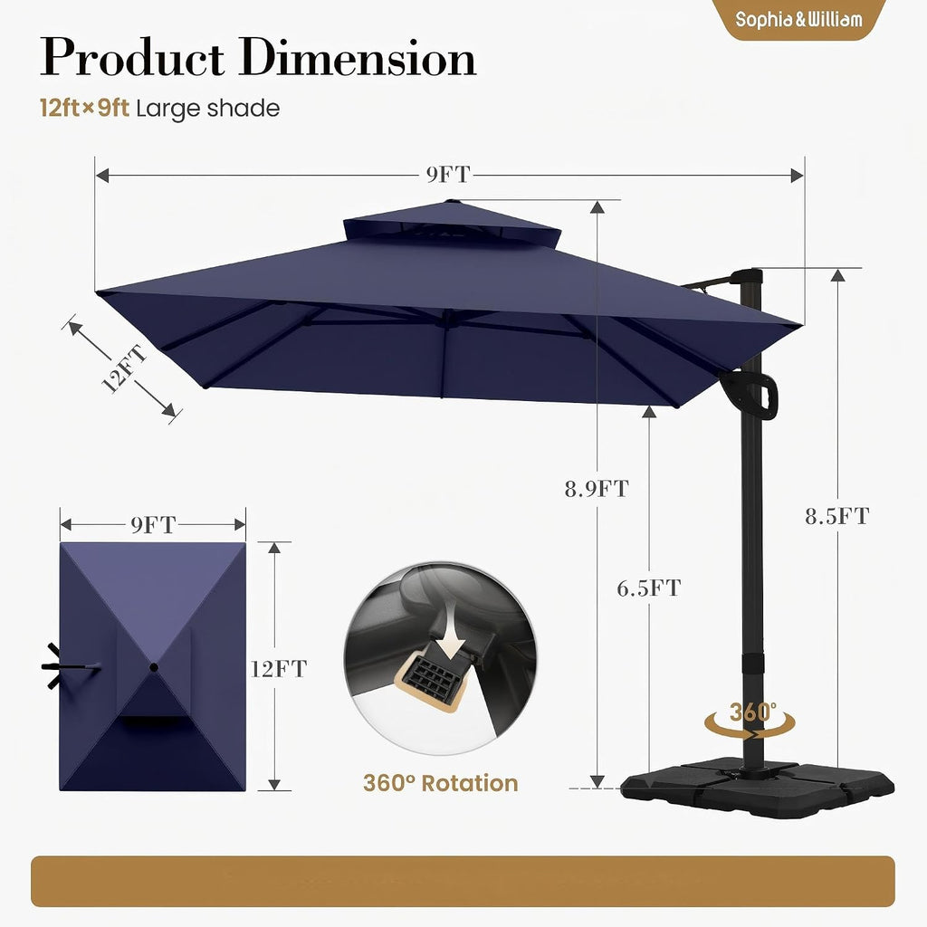 12ft Cantilever Patio Umbrella with Base, Large Rectangular Umbrellas with 360-degree Rotation