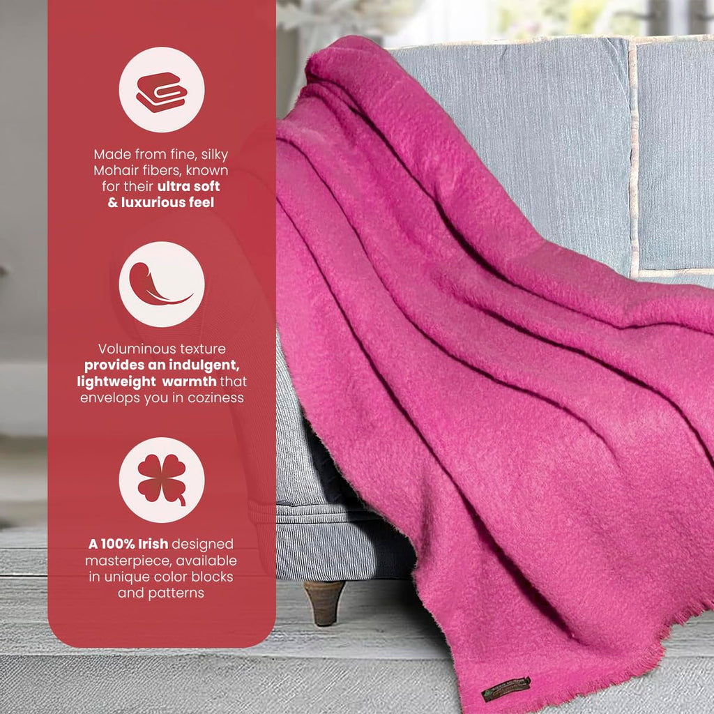 Irish Mohair & Wool Throw Blanket, 54x72in, Solid Pink