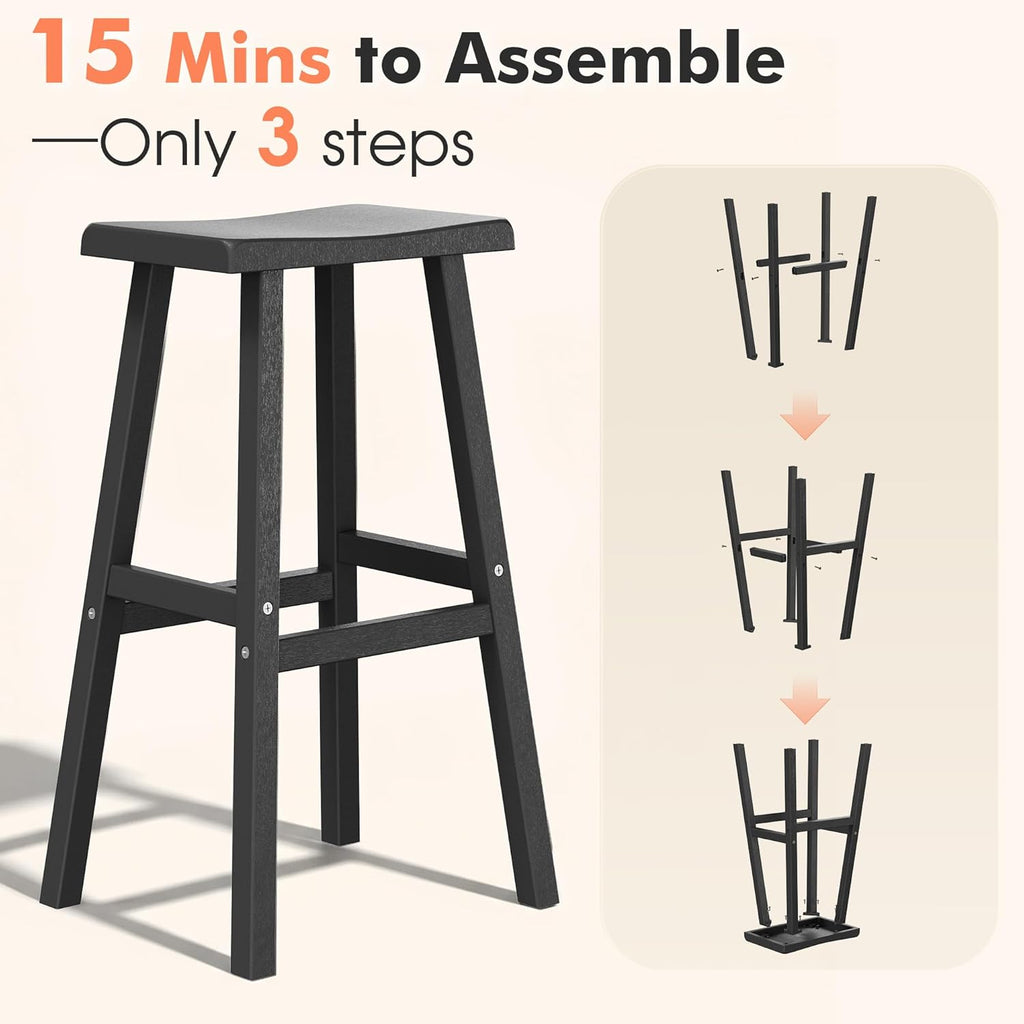 HDPE Weatherproof Bar Stools Set of 2-29 Inch Bar Height Stools with Curved Backrest, UV Resistant