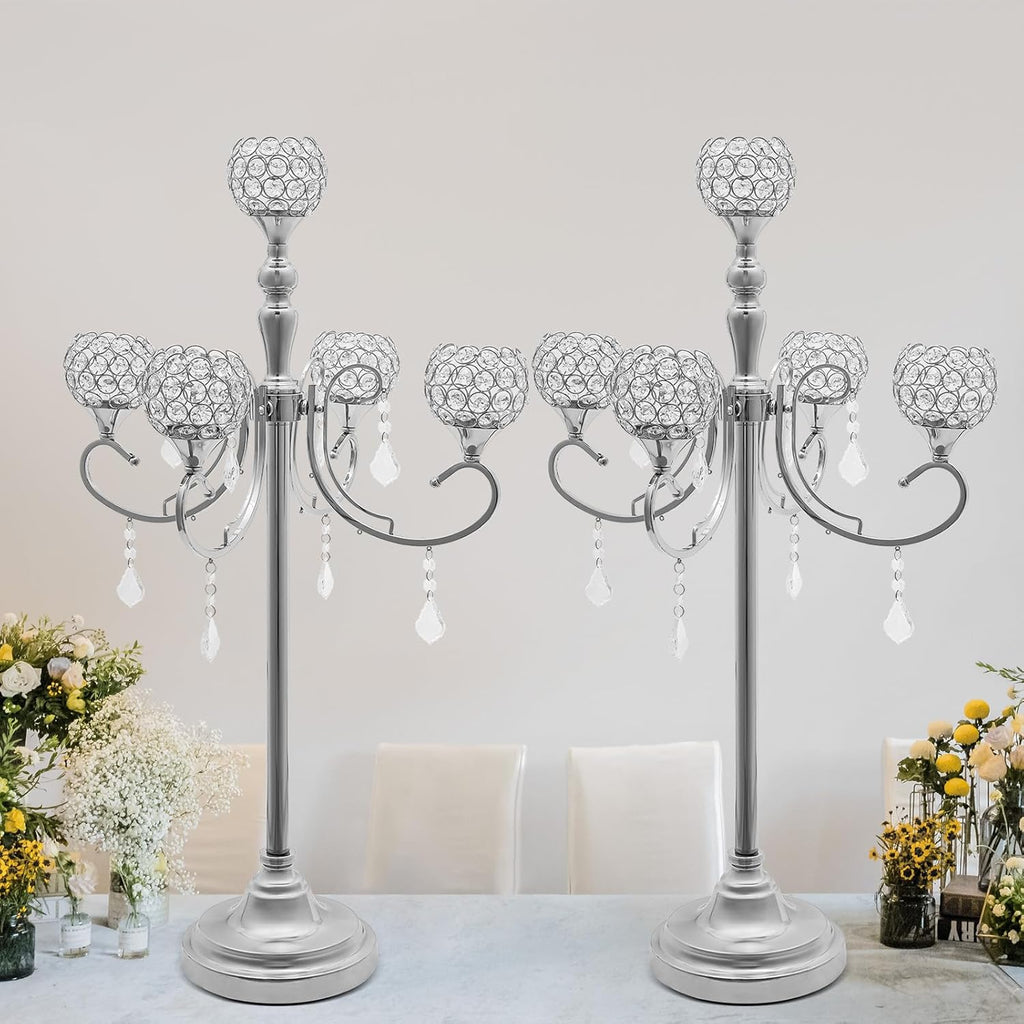 2 Pack 5-Arm Crystal Candelabra Candle Holder 33.8 Inches Tall Floor Candle Holder Candelabras Centerpieces for Table