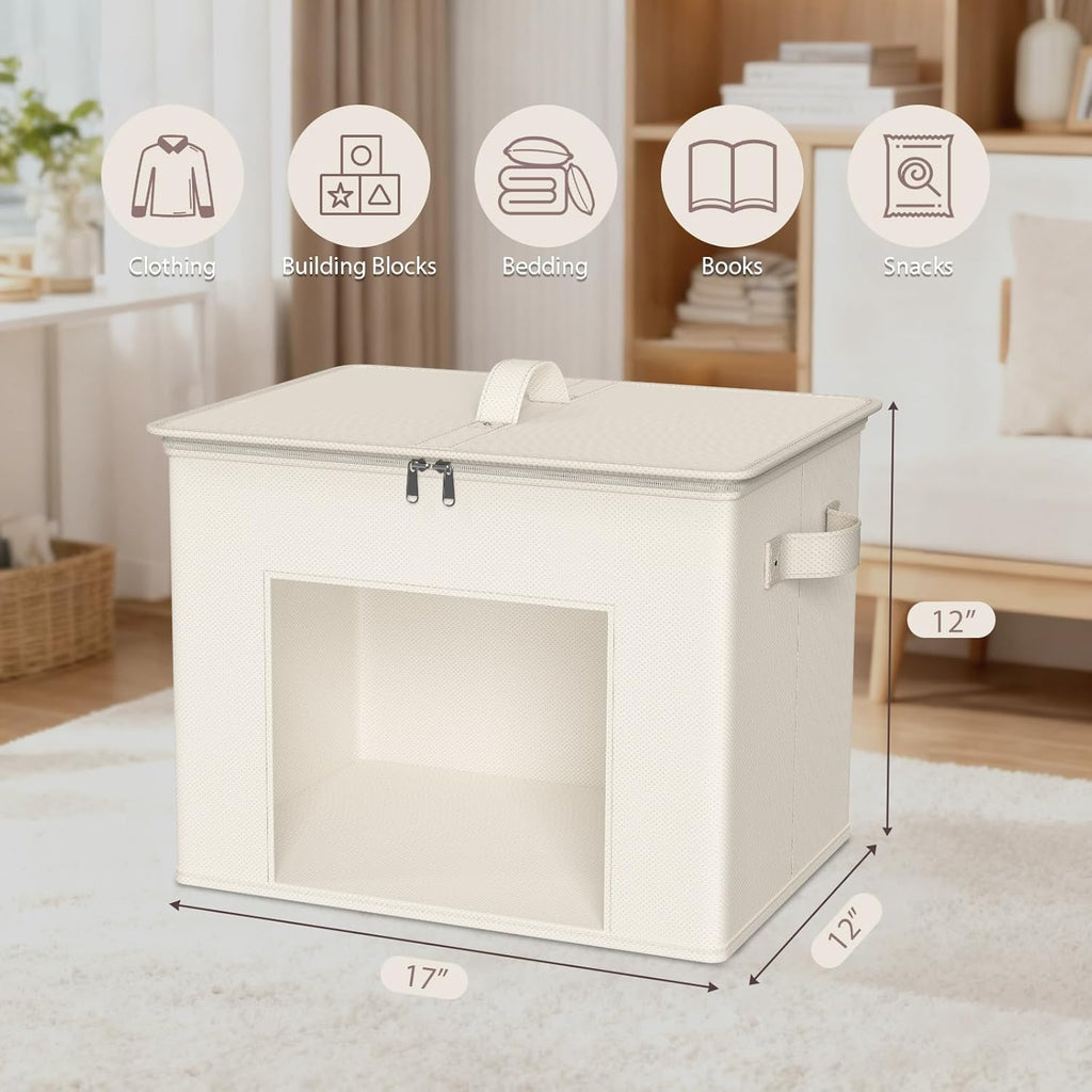 Fabric Storage Bins with Lid Sweater Closet Organizer, Beige,4 Pack | Stackable, Smooth Zipper, Clear Window, Cloth