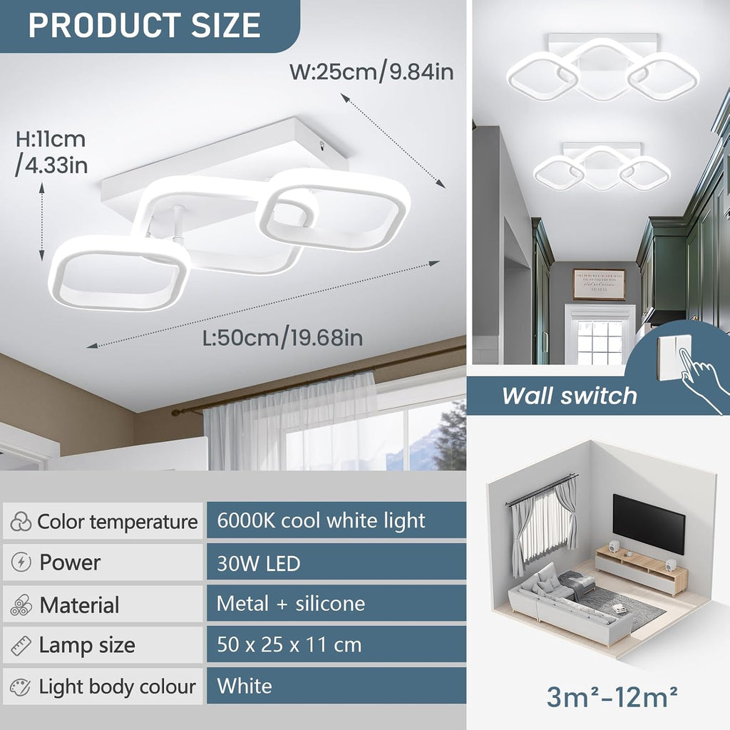 Modern LED Ceiling Light, Hallway Light Fixtures 6000K Cool Light, Kitchen Lighting Fixtures Ceiling, Square LED