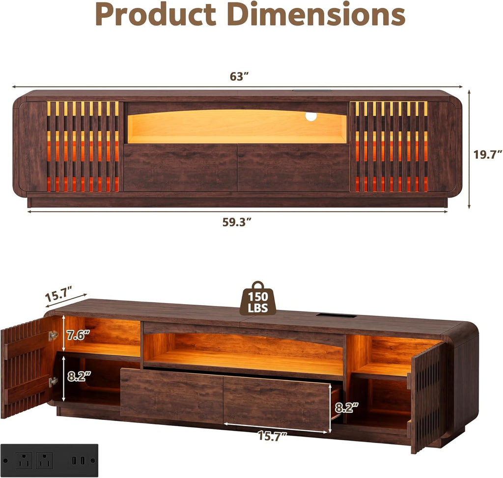 63" TV Stand with Storage, Mid Century Modern Entertainment Center with Power Outlet & LED Lights, Fluted Media