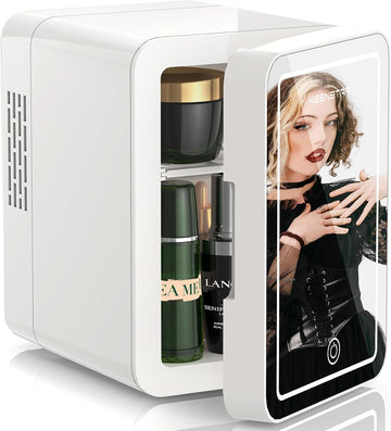 4L/6 Can Skincare Mini Fridge with Dimmable LED Mirror, Cooler & Warmer Fridge for Bedroom, Cosmetics, Office, Dorm & Car, Portable Personal Refrigerator for Cosmetics, Skincare & Food