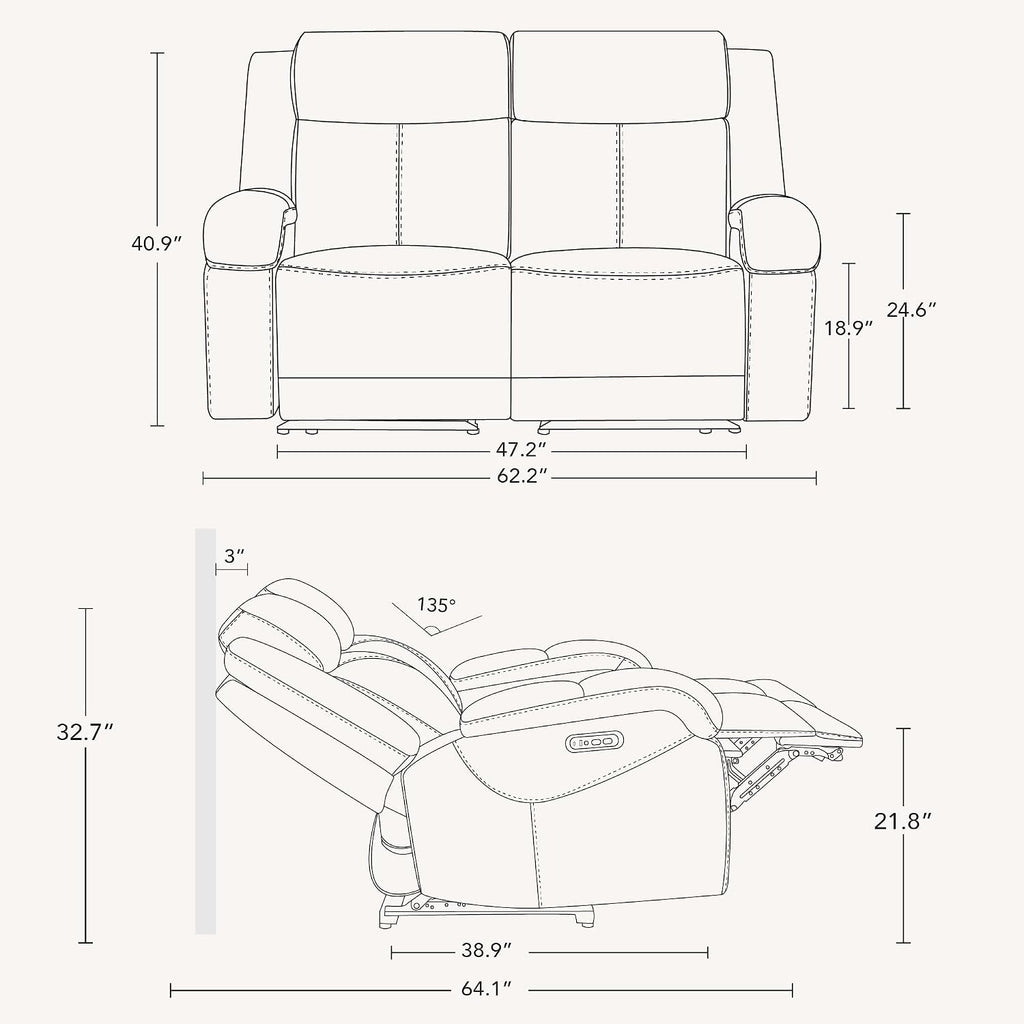 Genuine Leather Power Loveseat Recliner Sofa, 2 Seat Wall Hugger Reclining Sofa with Power Headrest & Charging Ports