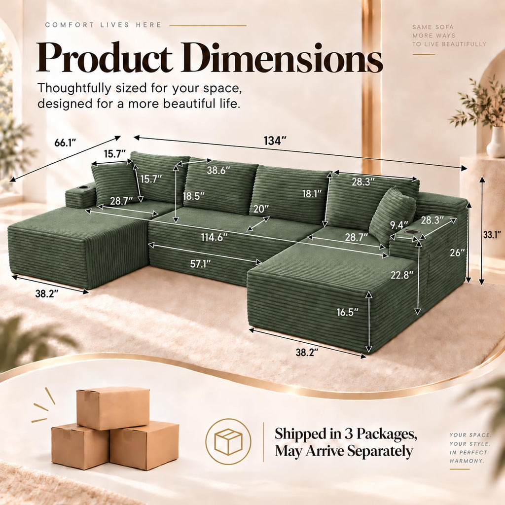 134" Boneless Couch, U-Shaped Modular Sectional Sofa, Green