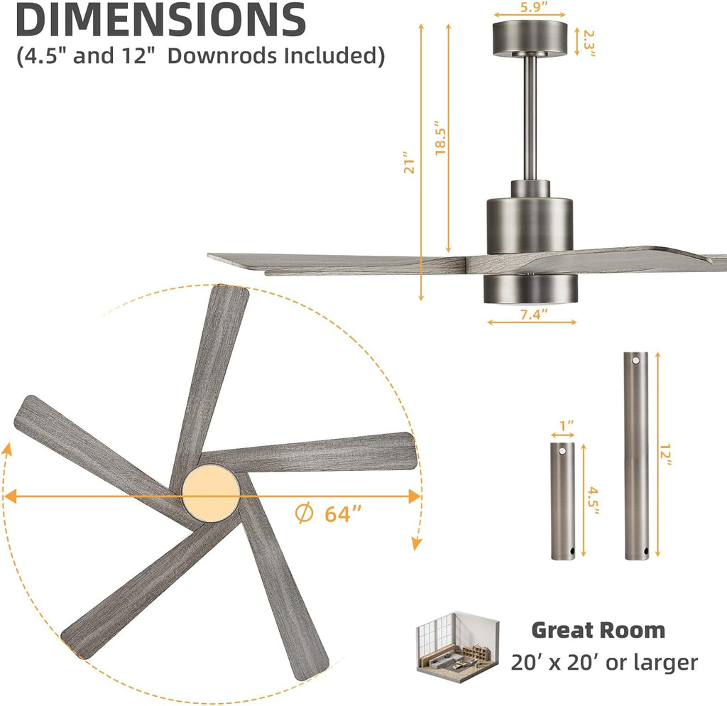 64" ABS DC Ceiling Fan with Lights, 5 Blade ABS Wood Grain Ceiling Fan with Remote, 6-Speed Reversible DC Motor