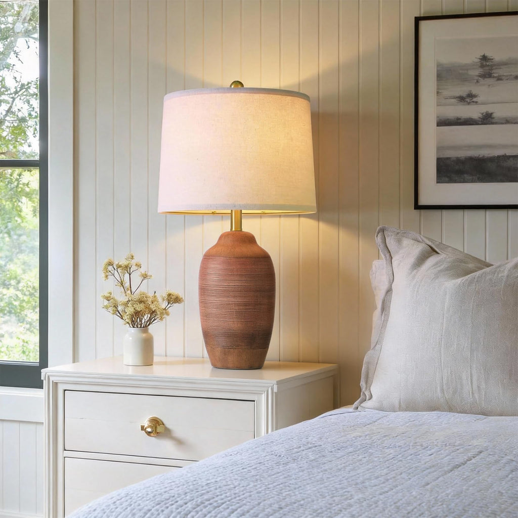 24.5" Single Rustic Terracotta Brown Handcrafted Ceramic Table Lamp 5FT Cord, Farmhouse Vintage Lamp with Linen Drum