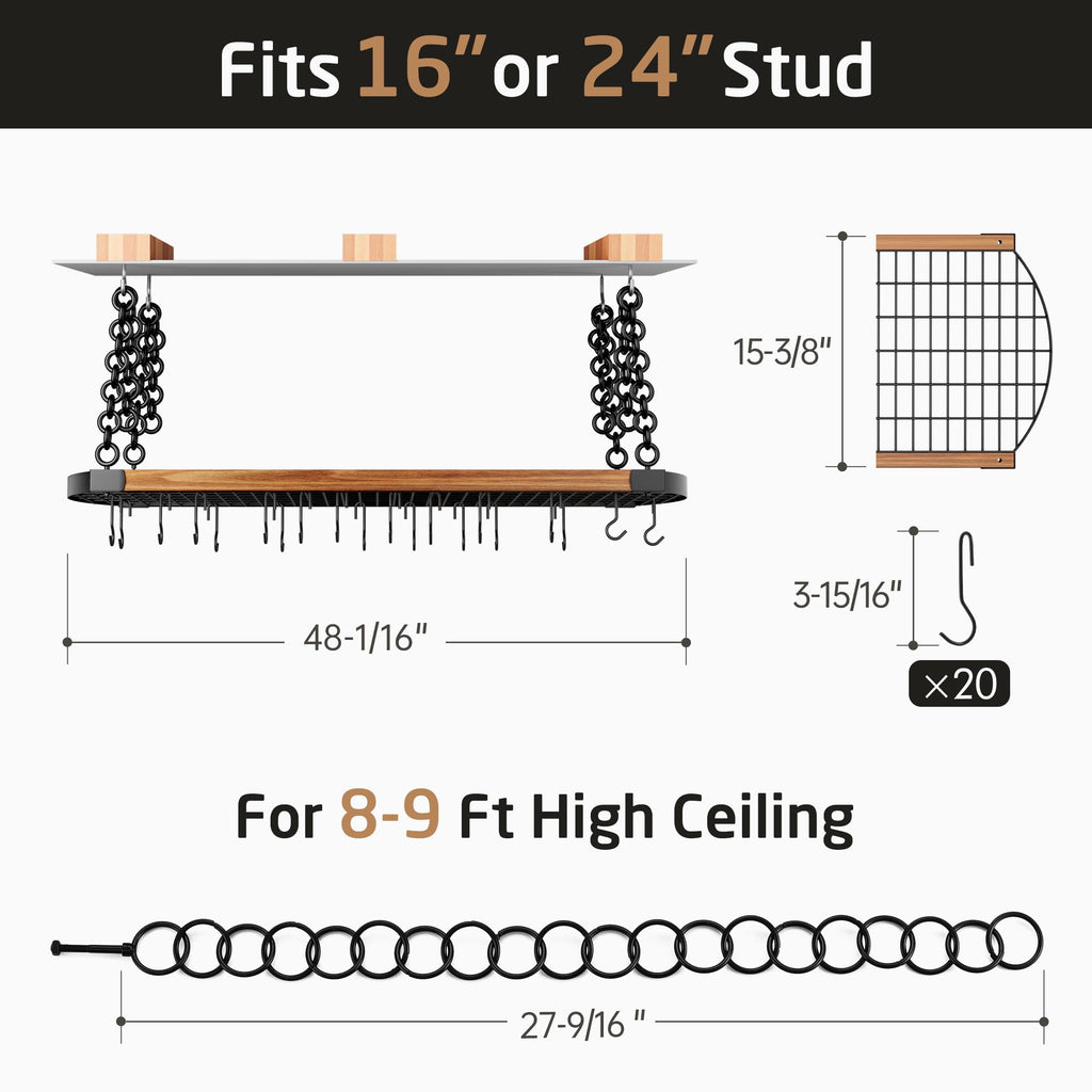 48 Inch Large Hanging Pot Rack Ceiling Mount with 130lb High-Capacity