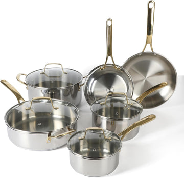 Castelle 10 Piece 18/8 Durable Stainless Steel Induction Safe Pots and Pans Non-Toxic Kitchen Cookware Set - Gold