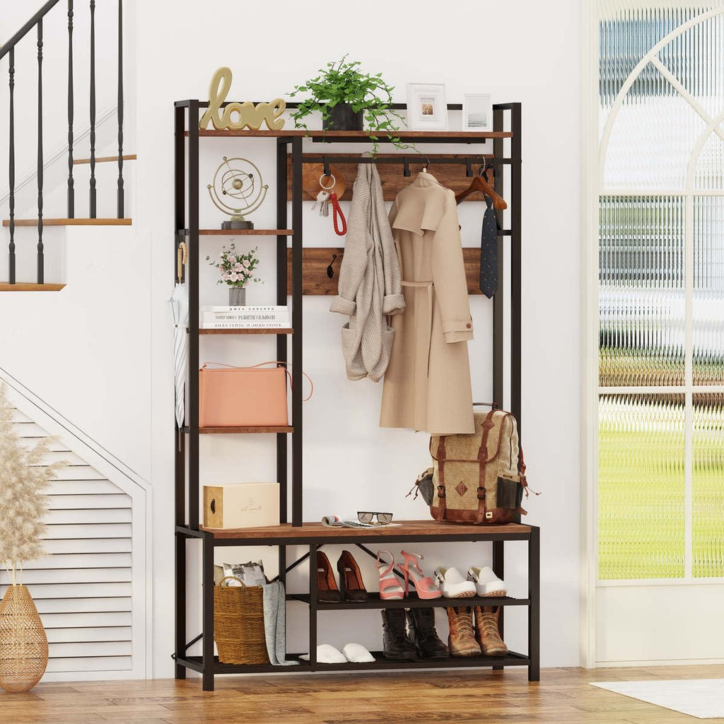 Hall Tree with Shoe Storage, 5-in-1 Reversible Entryway Bench with Coat Hooks , Rustic Wood and Metal Coat Rack with