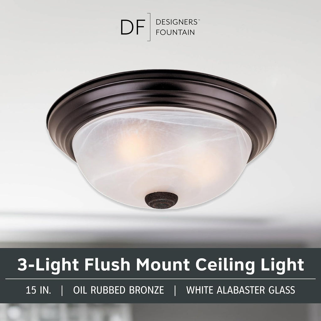 Reedley 3-Lights Flush Mount Ceiling Light, 15 Inch Lighting Fixture , and Hallway, White Alabaster Glass, Oil Rubbed