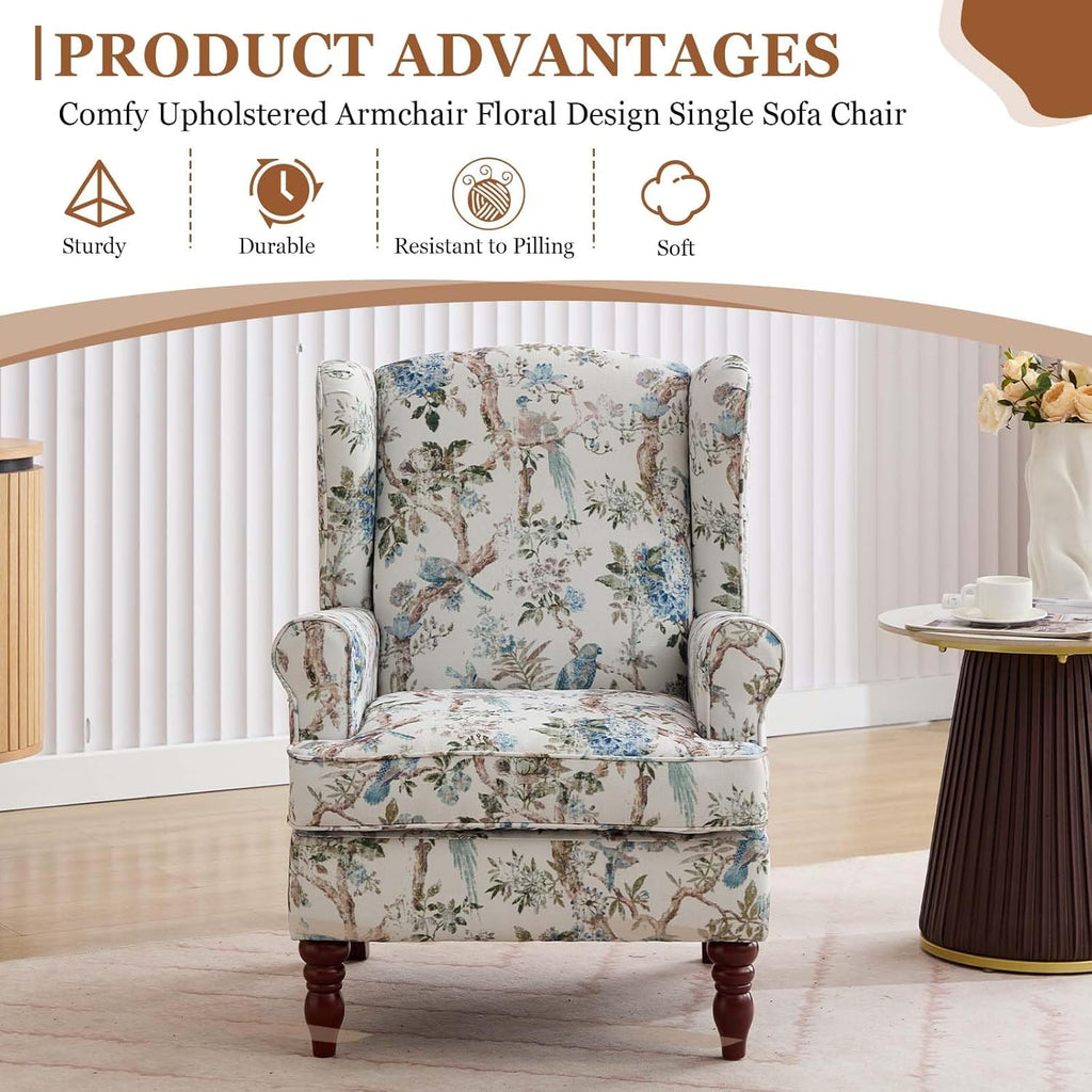 Wingback Chair with Arms (Floral Bird, A) | Floral Accent Chair|Occasional Side Chair with Tall Back|Ticken Seat