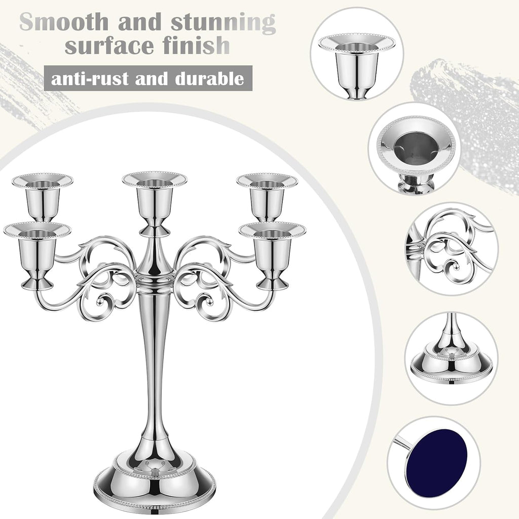 2 Pcs 5 Arm Metal Candelabra Candlestick Holders 10.24 Inch Tall Candlestick Holders Gothic Candle Holdery (Sliver)