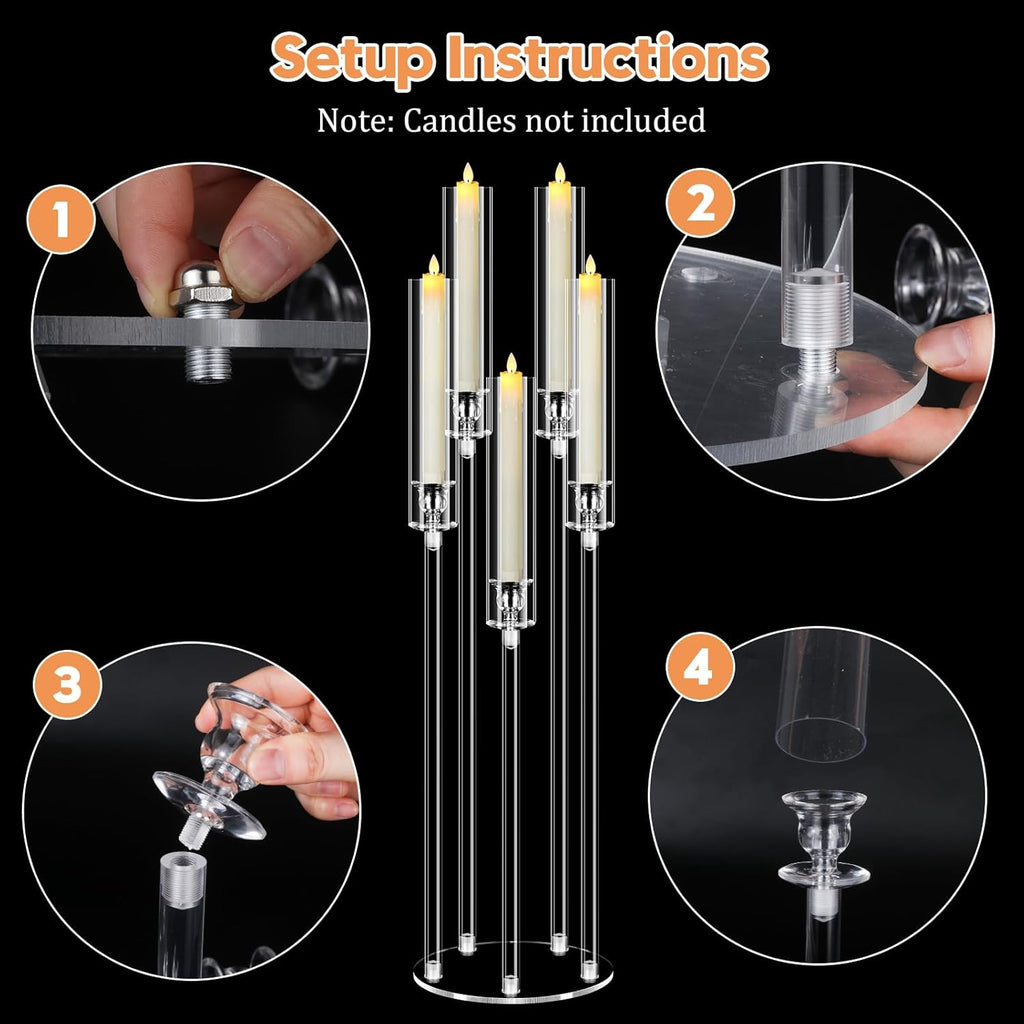 4Pcs 5 Arms Acrylic Candelabra Centerpieces for Tables Decortion,Clear Candle Holder,35 inches Tall Candlesticks