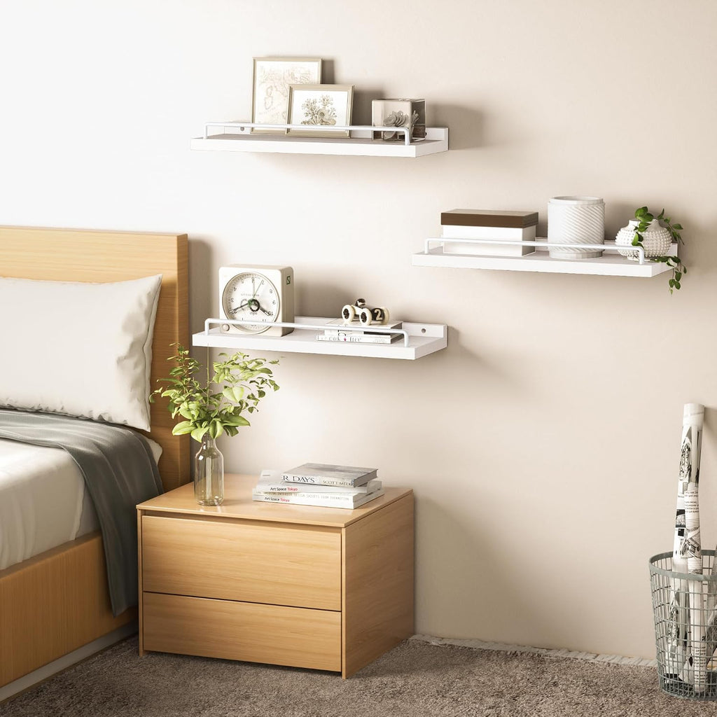 Floating Shelves for Wall Decor, White Shelves , Picture Frames, Plants, Kitchen (Set of 3)
