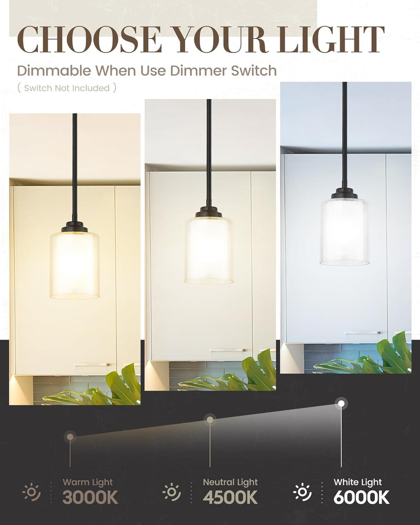 Modern Pendant Light, Matte Black Pendant Lights Kitchen Island,Farmhouse Pendant Lighting for Dining Room Bedroom
