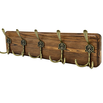 17'' Rustic Coat Rack Wall Mount, 5 Hooks, Solid Wood, Rustic Finish, 50 lb Capacity, Entryway Bedroom Mudroom, Wall