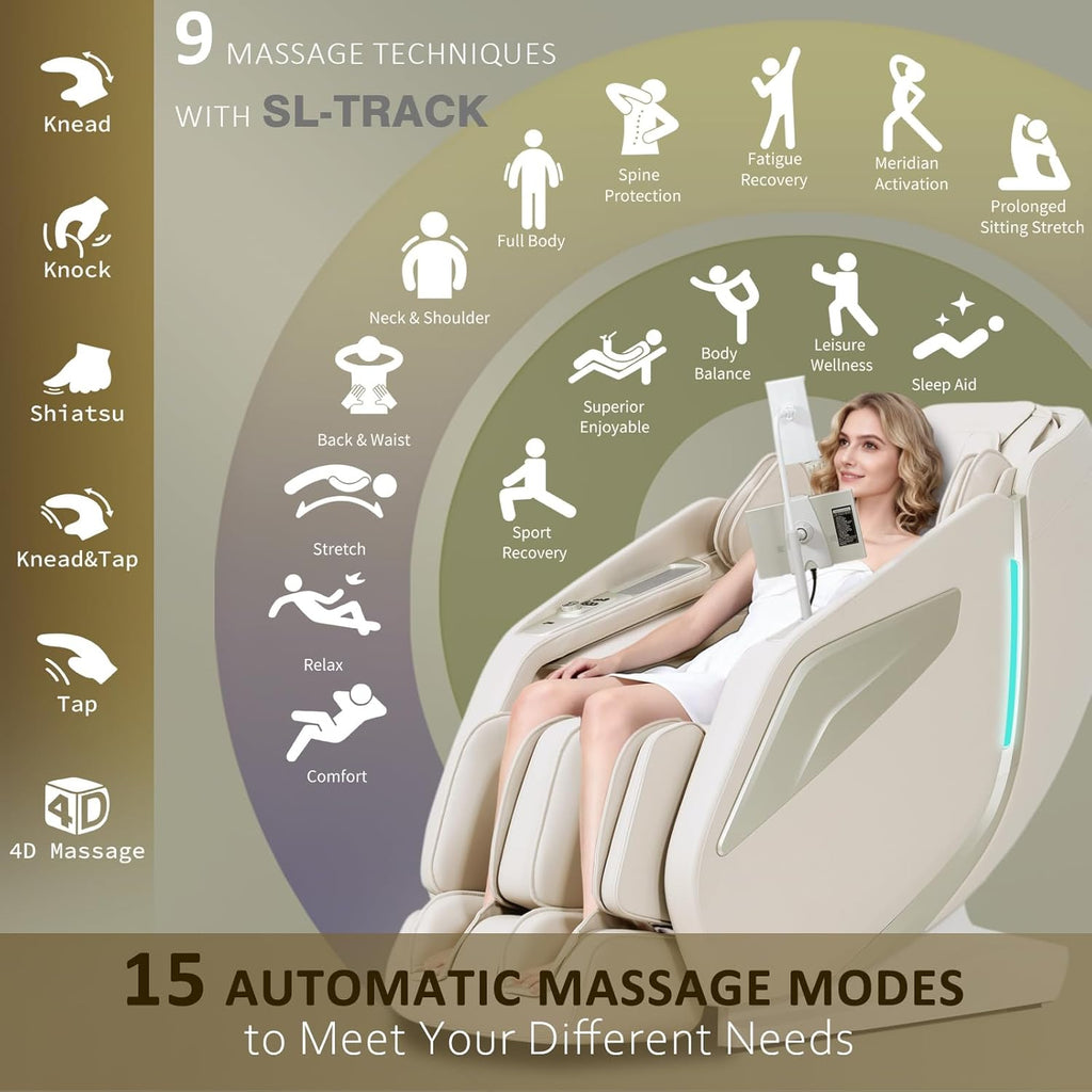 4D Massage Chair Full Body Zero Gravity SL-Track Body Scan & Stretch, Beige | with Body Scan & Stretch, 40 Airbags