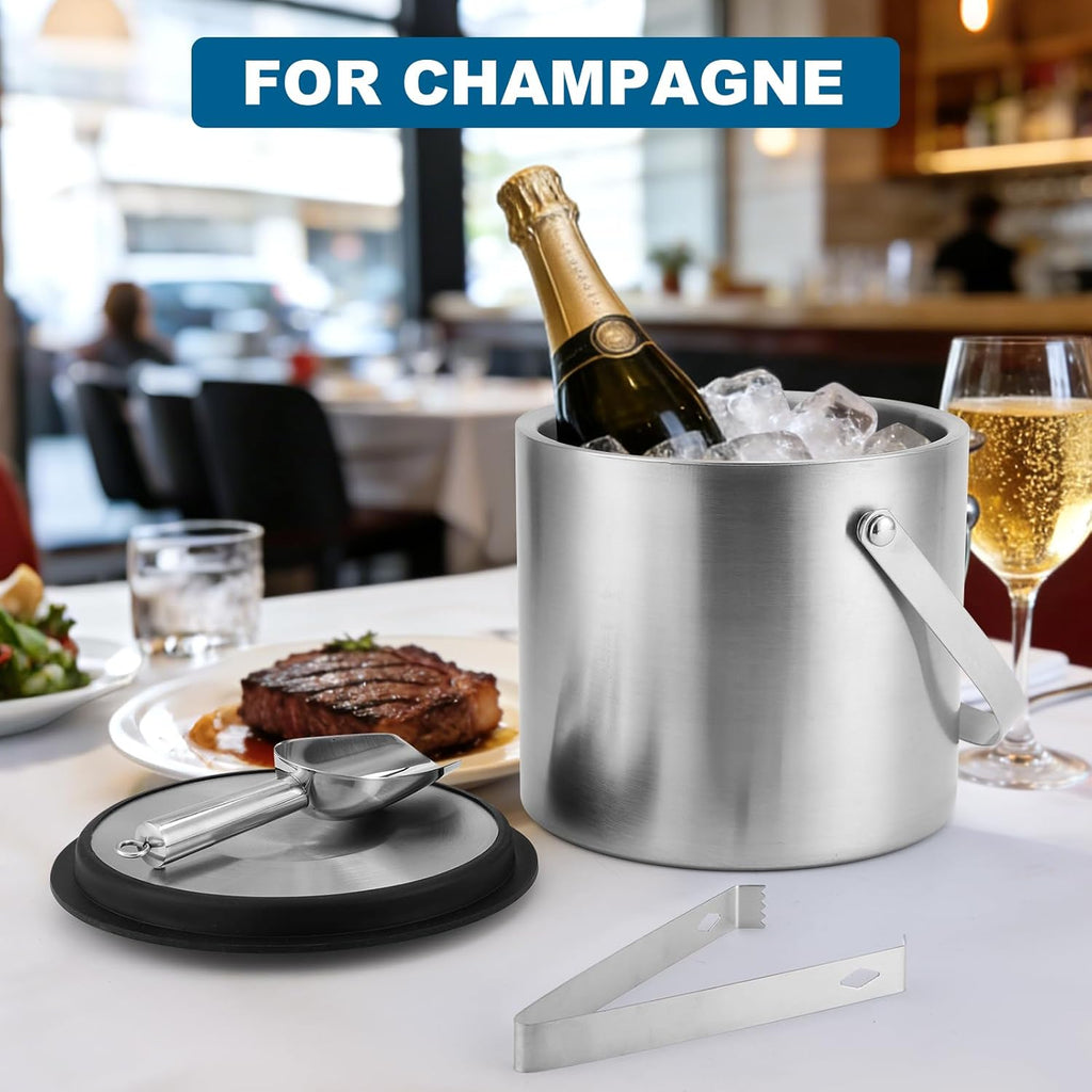 Ice Bucket, 4L Double Wall Insulated Ice Bucket with Lid,Scoop,Tongs- Inner Layer 304 Stainless Steel Ice Container