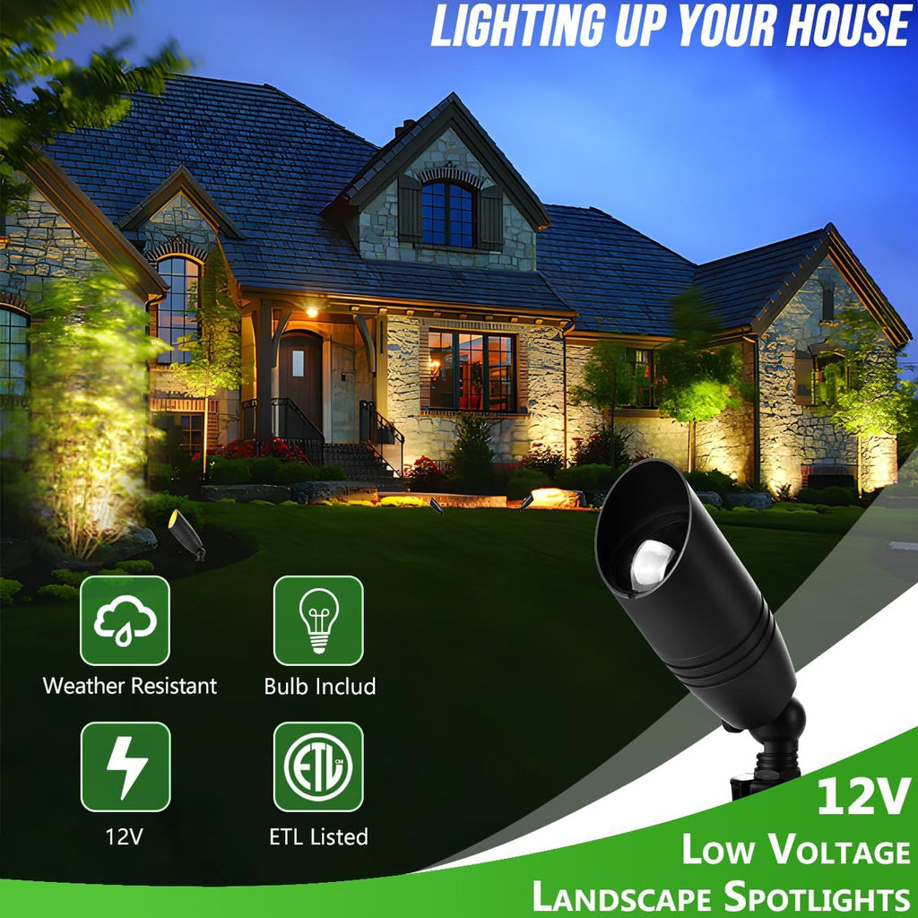 Landscape Spotlights Outdoor, 12V Low Voltage Landscape Lighting Fixture with 5W MR16 LED Bulb, Black Aluminum Yard