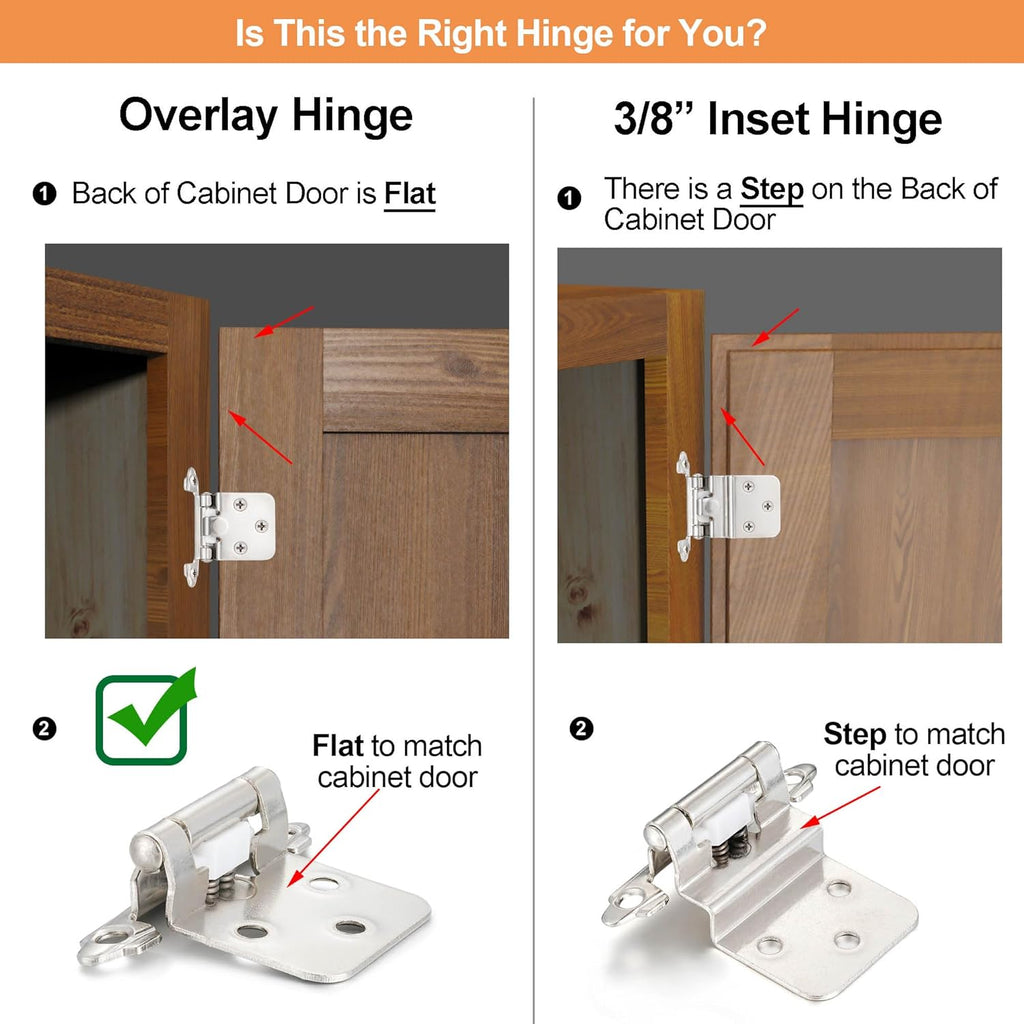 4 Pack (2 Pair) Brushed Satin Nickel Self Closing Cabinet Hinges for Flush Mount Kitchen Cabinet Door, 1/2" Overlay