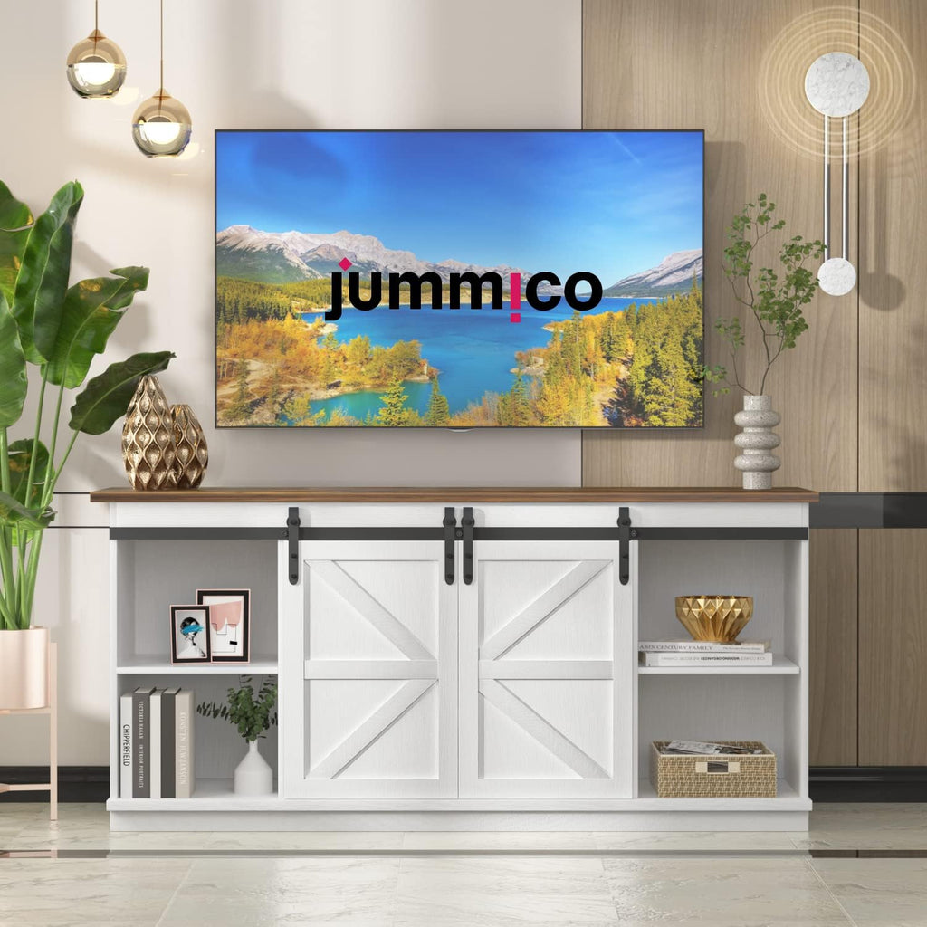 TV Stand for 65 Inch TV, Sliding Barn Doors, Bright White | Farmhouse Entertainment Center, Storage Cabinets