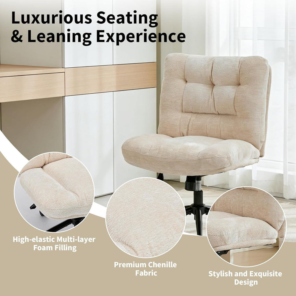 Home with Wheels, Armless Vanity Desk Chair in Soft Chenille Fabric, Double Cushion Wide Seat, Swivel Height