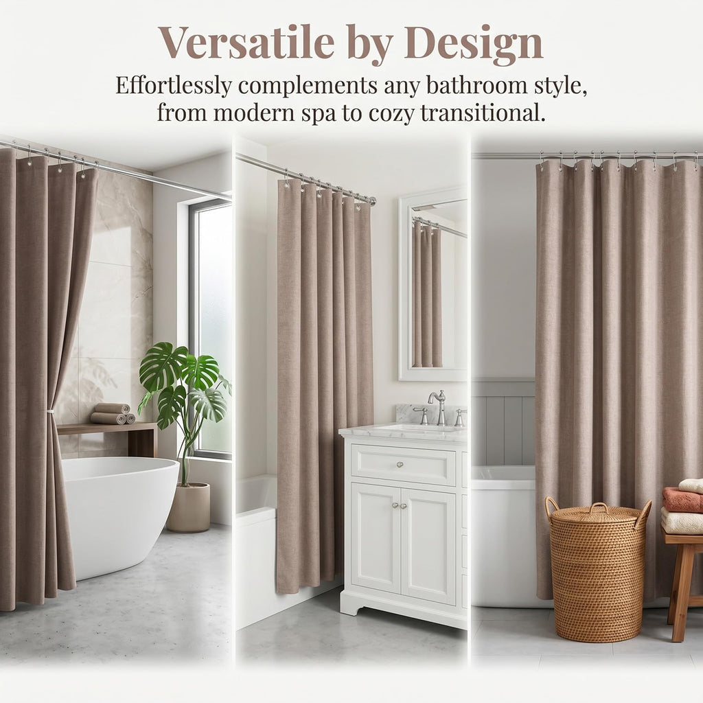 Linen Shower Curtain with 12 Metal Hooks,Country Boho Farmhouse Bath Decor Brown Shower Curtains Bathtub