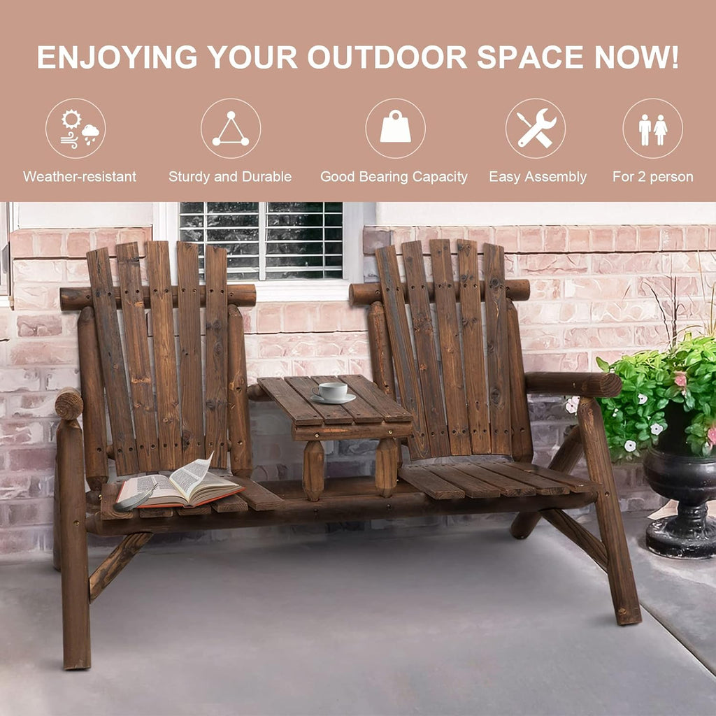2-Seat Wooden Adirondack Chair Patio Bench with Table Carbonized | Outdoor Loveseat Fire Pit Chair, Porch, Backyard