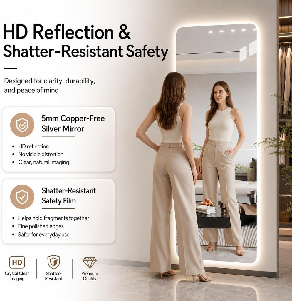 65" L x 24" W Rectangular Frameless LED Full Length Mirror with Lights, Rounded Corner Full Body Wall