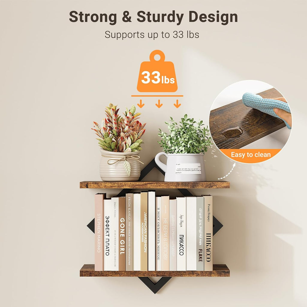 Floating Shelves for Wall, Set of 2 Hanging Shelves, Rustic Brown | 2-Tier Wall Mounted Storage Shelves for Decor