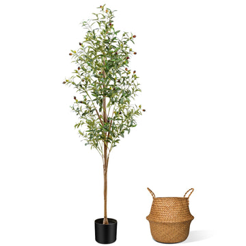 6FT Artificial Olive Tree Indoor, Tall Faux Olive Tree with Pot&Basket, Large Fake Olive Tree with Realistic 1080
