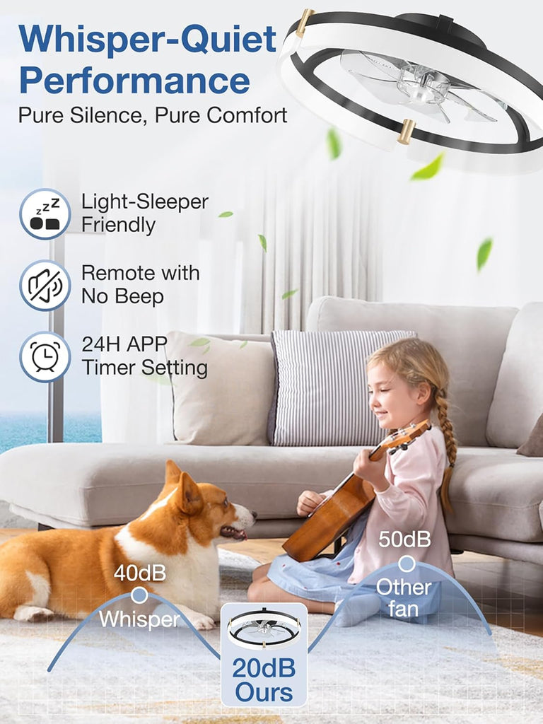 20" Smart Ceiling Fans with Lights,Control via Remote Alexa App,Quiet,Low Profile Flush Mount Bladeless Ceiling Fan