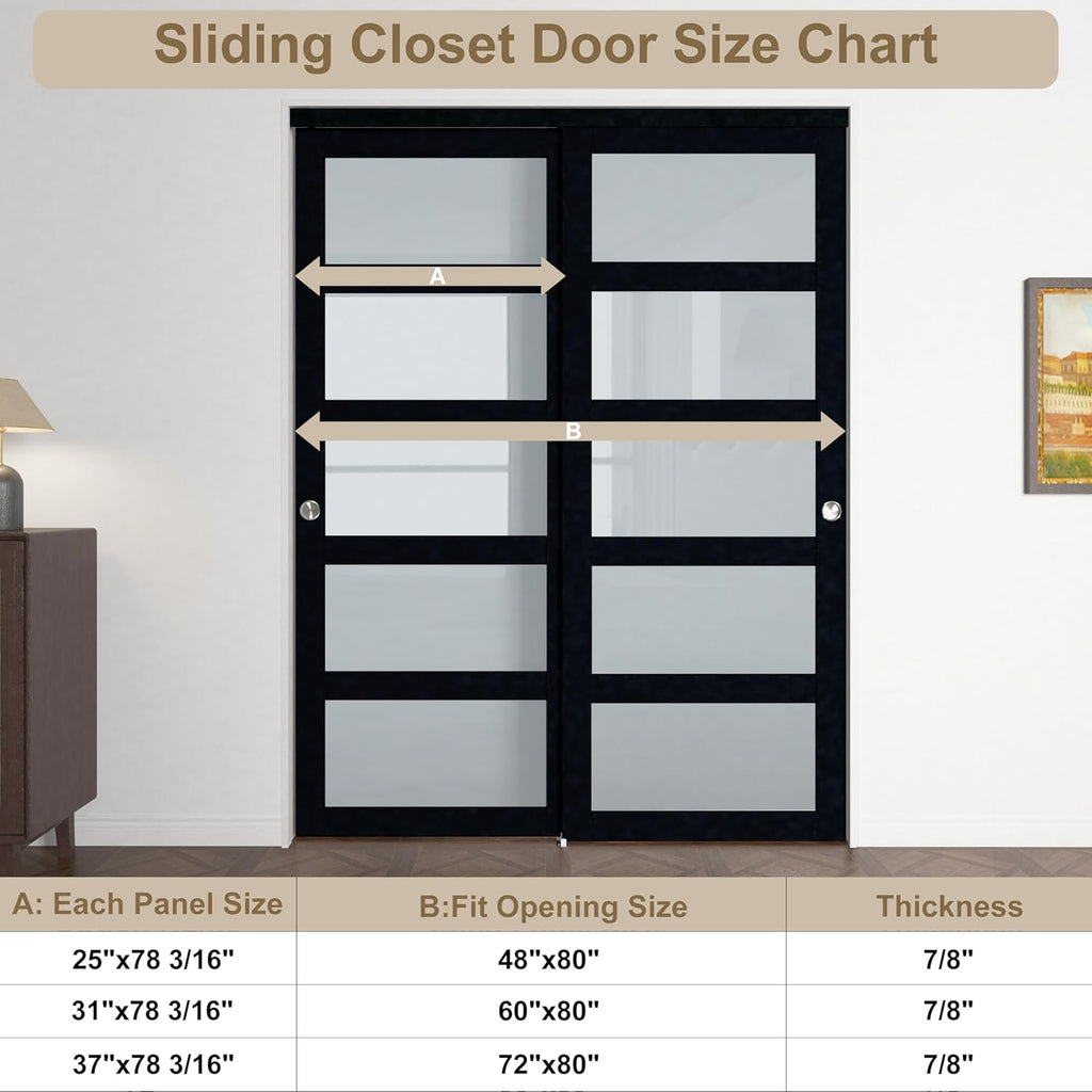 48x80 Sliding Closet Door, 5-Panels Preassembled Frosted Glass Door Panel with Hardware Kits & Match