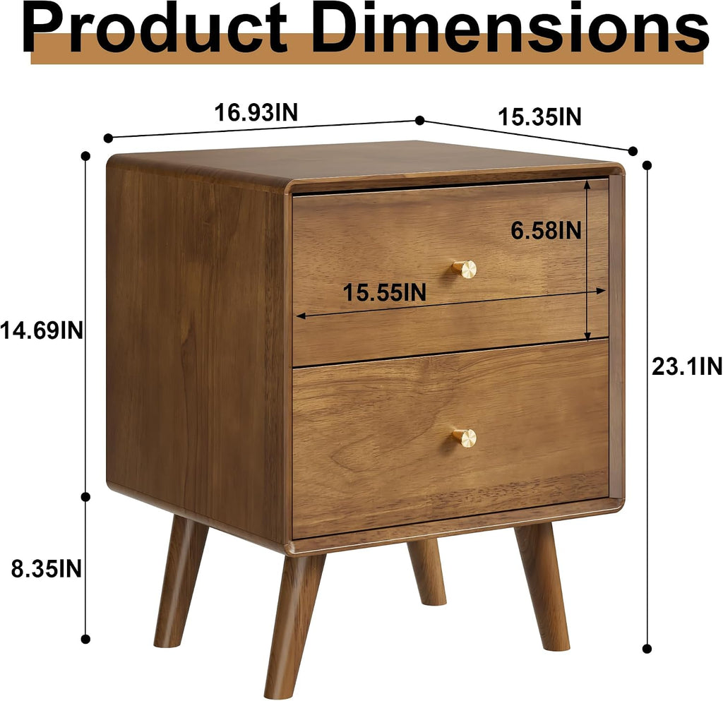 Solid Wood Nightstand with 2 Drawers, Walnut Mid Century Modern Nightstand, Wooden Night Stand, Small Side End Table