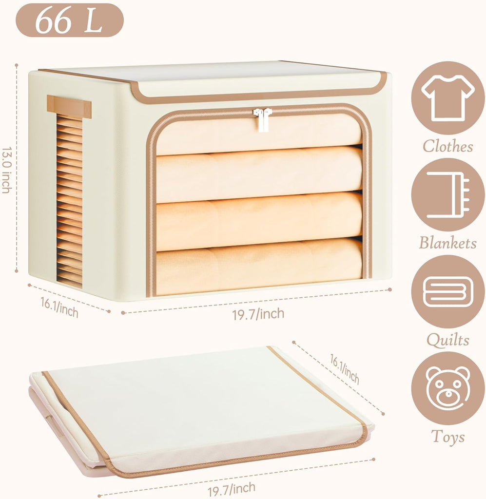 Clothes Storage Bins with Metal Frame, Foldable Clothing Storage Bin with Lid, Stackable Oxford Fabric Organizer Box