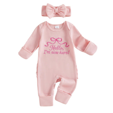 I'm New Here Outfit Baby Girl Long Sleeve Waffle Bow Jumpsuit Newborn Coming Home Outfit (Pink, Newborn)