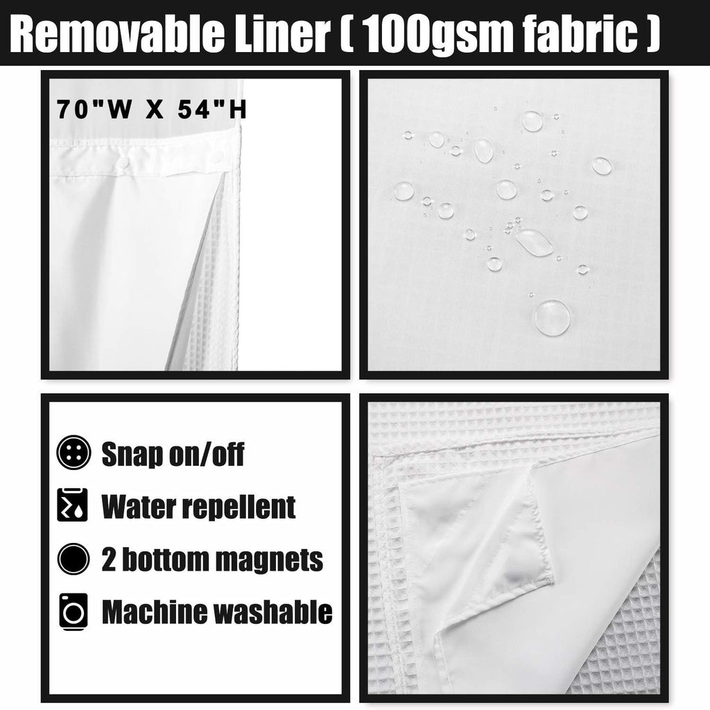 Hotel Style Cotton Shower Curtain with Snap-in Liner White | Cotton Blend, Honeycomb Waffle Weave, Fabric Snap on/off
