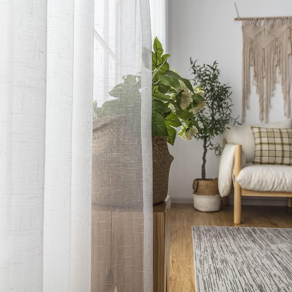 Off White Sheer Curtains 2 Panels, Thin Textured Linen Look Ceiling Curtains & Drapes, Rustic See