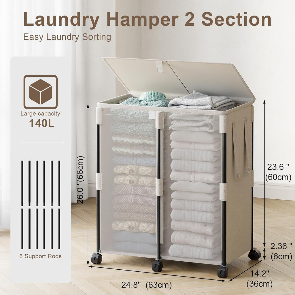 140L Double Laundry Hamper with Lid and 6 Wheels, Rolling Laundry Basket | Metal Frame Laundry Sorter 2 Section with
