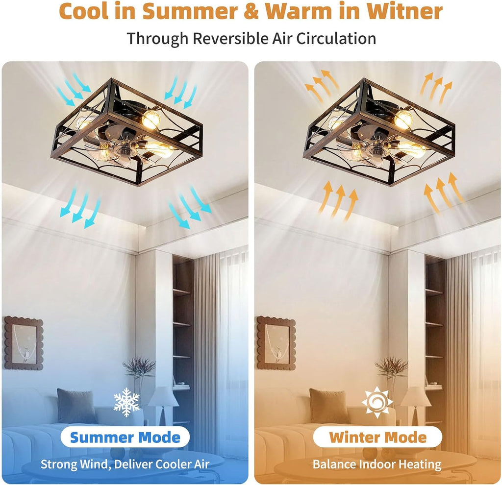 Caged Ceiling Fan with Light and Remote 16'' Rustic Square Flush Mount Ceiling Fan Small Farmhouse Bladeless Ceiling