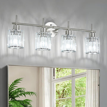 Brushed Nickel Bathroom Light Fixtures, Round, 4-Light | Vanity Lights with Crystal Shades, Modern Bathroom Lighting
