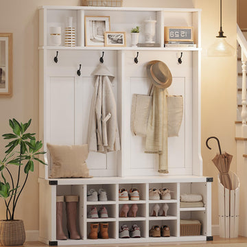 76" Hall Tree with Bench and Shoe Storage, Farmhouse Large 4-in-1 Entryway with Coat Rack & 6 Tri-Hooks, Adjustable