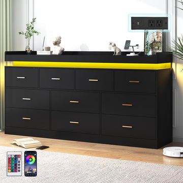 10 Drawer with Charging Station and LED Lights, Modern Chest of Drawers with Power Outlet, Organizer Cabinet for