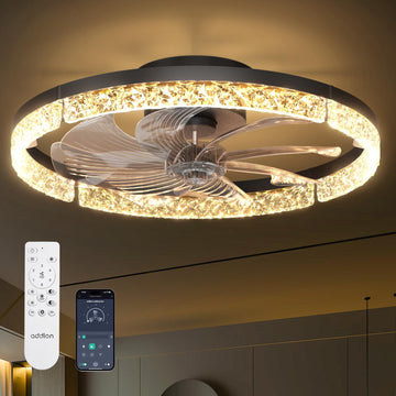 Ceiling Fans with Lights and Remote, 20'' Low Profile Ceiling Fans, 3000-6000K Dimmable Modern Flush Mount LED Fan Light, Fandelier Ceiling Fan for Bedroom, Kitchen, Living Room, Black