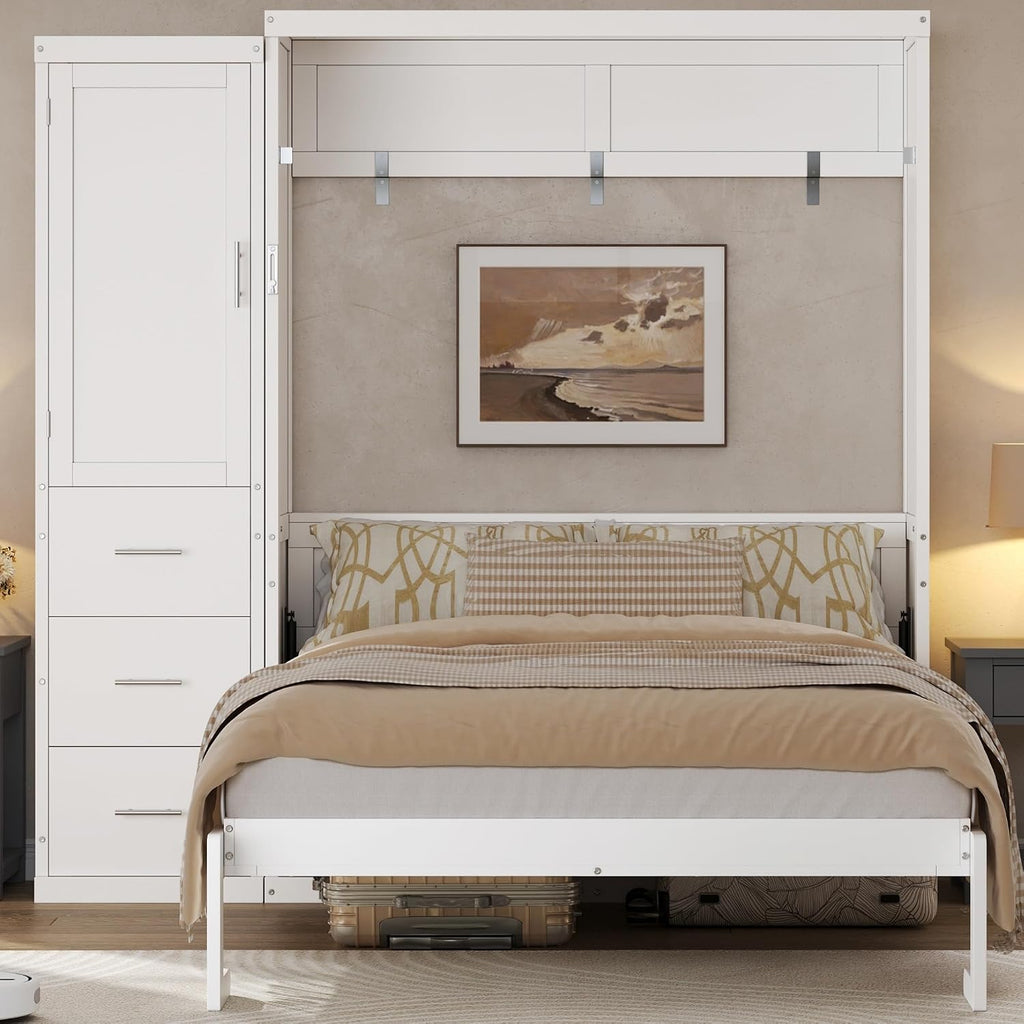 Folding Bed Cabinet Full with Storage, Hidden Murphy Bed with Drawers and Wardrobe, White