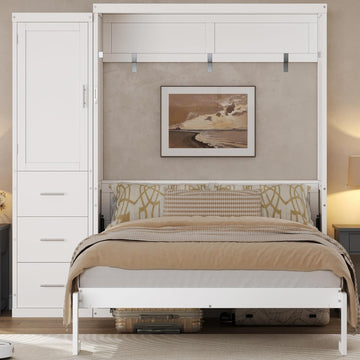 Full Murphy Bed with Wardrobe and Drawers, Space-Saving Wall Bed Frame with Storage Cabinet, Foldable Platform Bed