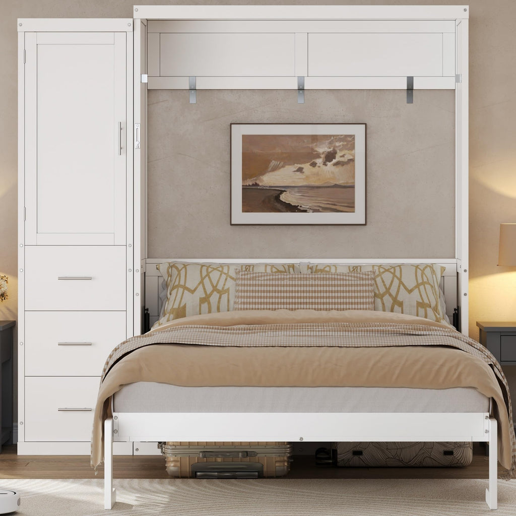 Full Murphy Bed with Storage Cabinet, Foldable Space-Saving Wood Wall Bed Frame with Wardrobe and 3 Drawers, Hidden