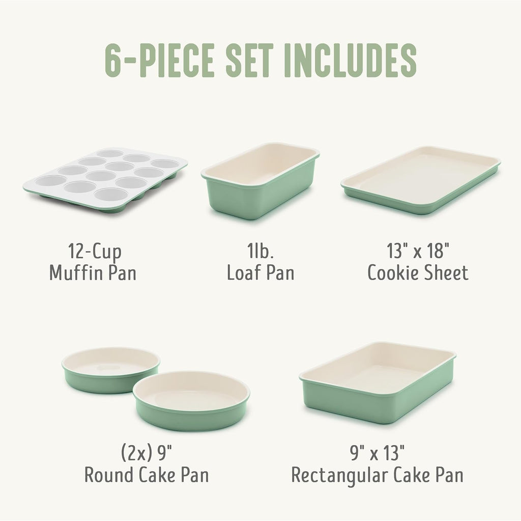 6 Piece Ceramic Nonstick Oven Bakeware Set, Sage | PFAS-Free Ceramic Nonstick, Set, Cookie Sheet, Loaf, Cake & Muffin